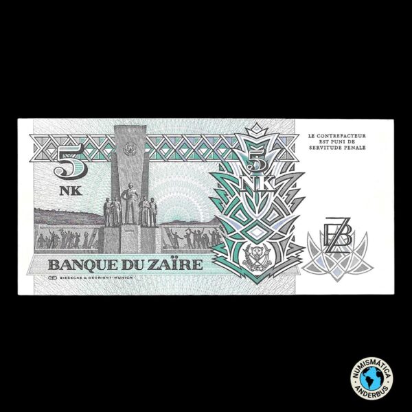 Zaire 5 Makuta 1993 - Imagen 2