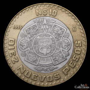 México 10 Nuevos Pesos 1995 (Piedra del Sol representando a Tonatiuh con la máscara de fuego)