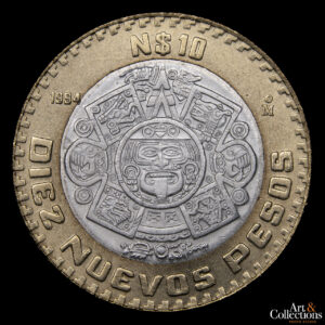 México 10 Nuevos Pesos 1994 (Piedra del Sol representando a Tonatiuh con la máscara de fuego)