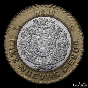 México 10 Nuevos Pesos 1992 (Piedra del Sol representando a Tonatiuh con la máscara de fuego)
