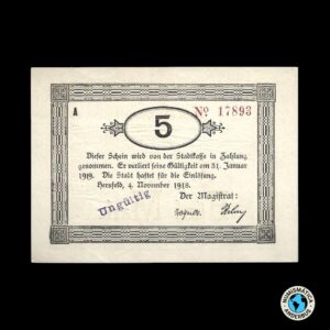 Alemania Ciudad de Hersfeld 5 marcos 1918 / "Cancelado"